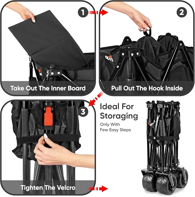 100KG Folding Wagon In Black Heavy Duty Folding Black Trolley Cart for Beach Market Festival Car Boot Outdoor Garden Picnic *Wide Wheels* Adjustable Handle