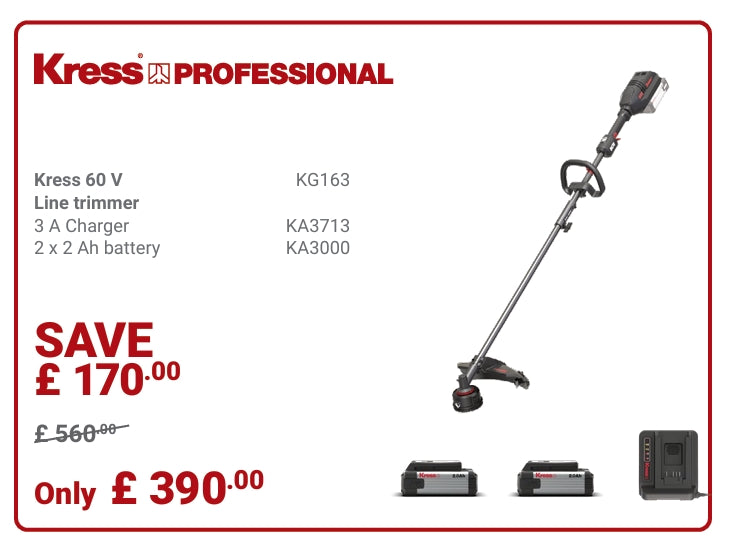 Product image showing a Kress KG163 grass trimmer, its accessories which include a battery and a charger, and promotional saving amount.