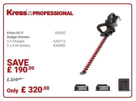 Kress Special Bundle! KG262 Kress 60V 64cm Brushless Hedge Trimmer - with 2 x 2.0Ah Battery & 1 x 3 A Charger