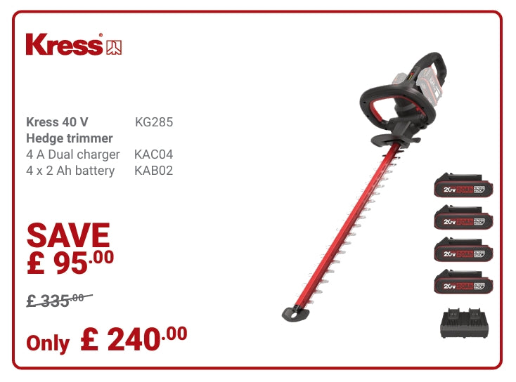 Kress Special Bundle! KG285 Kress 40V 61cm Brushless Hedge Trimmer - with 4 x 2.0Ah Batteries & 4A Dual Port Charge