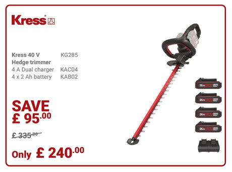 Kress Special Bundle! KG285 Kress 40V 61cm Brushless Hedge Trimmer - with 4 x 2.0Ah Batteries & 4A Dual Port Charge