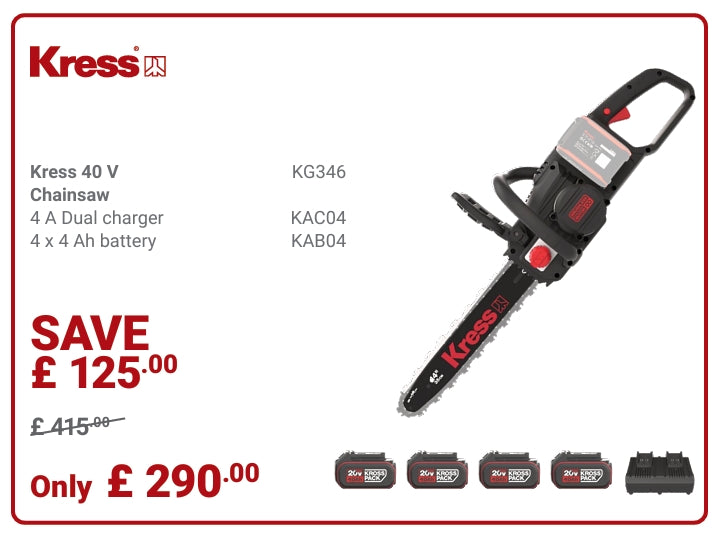 Kress Special Bundle! KG346 Kress 40V 35 cm brushless chainsaw - with 4x 4.Ah Batteries and 1x 4A Dual Port Charger