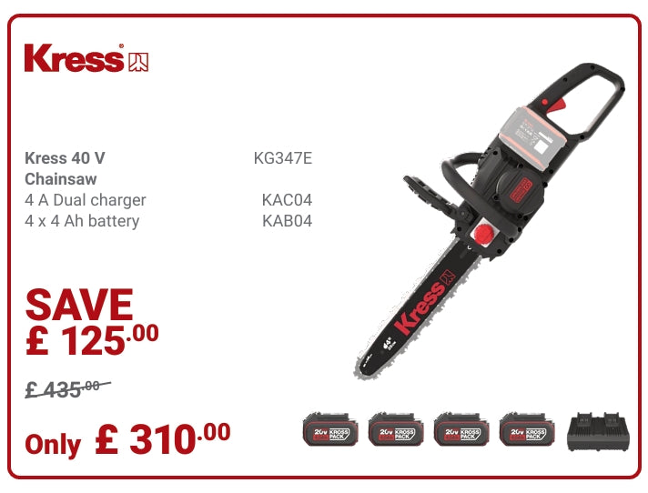 Kress Special Bundle! KG347E Kress 40V 40 cm brushless chainsaw - with 4x 4.Ah Batteries and 1x 4A Dual Port Charger