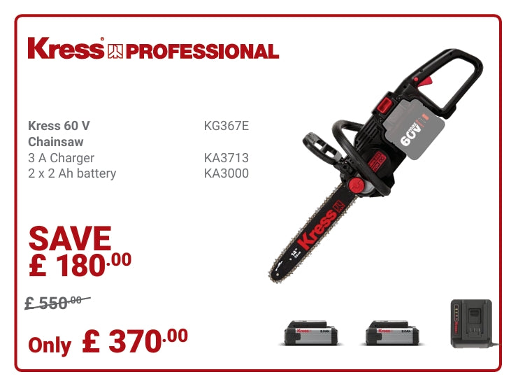 Kress Special Bundle! KG367E Kress 60V 35cm Brushless Chainsaw - with 2 x 2.0Ah Battery & 1 x 3A Charger