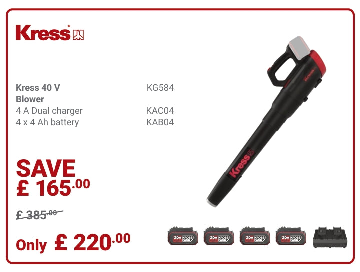 Kress Special Bundle! KG584 Kress 40V brushless silent tech blower - with 4x 4.Ah Batteries and 1x 4 A Dual Port Charger