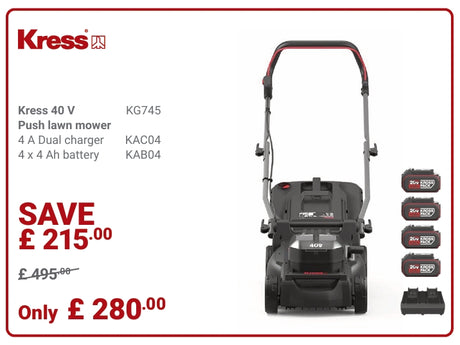 Kress Special Bundle! KG745 Kress 40V 37cm Cordless Brushless Push Lawn mower - with 4 x 4.0Ah Batteries & 1 x 4A Dual Port Charger