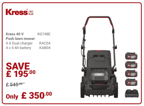 Kress Special Bundle! KG748 Kress Brushless Push Mower - with 4 x 4.0Ah Batteries & 1 x 4A Dual Port Charger