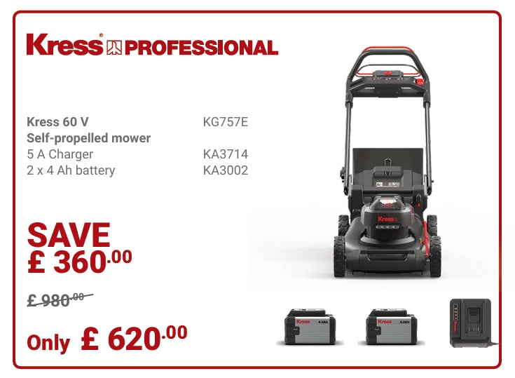 Kress Special Bundle! KG757E Kress 60V 46cm Brushless Self-Propelled Lawn Mower - with 2 x 4.0Ah Batteries & 1 x 5A Charger