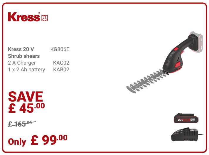 Kress Special Bundle! KG806E Kress 20 V 3-in-1 Cordless Shrub Shears - with 1 x 2Ah Battery and 1 x 2A Charger