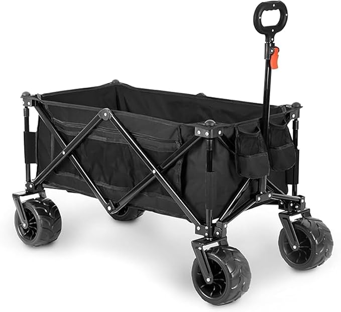 100KG Folding Wagon In Black Heavy Duty Folding Black Trolley Cart for Beach Market Festival Car Boot Outdoor Garden Picnic *Wide Wheels* Adjustable Handle