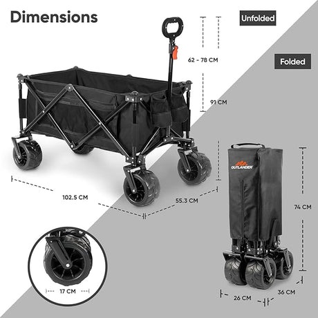100KG Folding Wagon In Black Heavy Duty Folding Black Trolley Cart for Beach Market Festival Car Boot Outdoor Garden Picnic *Wide Wheels* Adjustable Handle