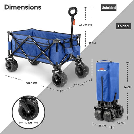 100KG Folding Wagon In Blue Heavy Duty Folding Black Trolley Cart for Beach Market Festival Car Boot Outdoor Garden Picnic *Wide Wheels* Adjustable Handle