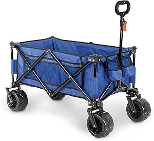 100KG Folding Wagon In Blue Heavy Duty Folding Black Trolley Cart for Beach Market Festival Car Boot Outdoor Garden Picnic *Wide Wheels* Adjustable Handle