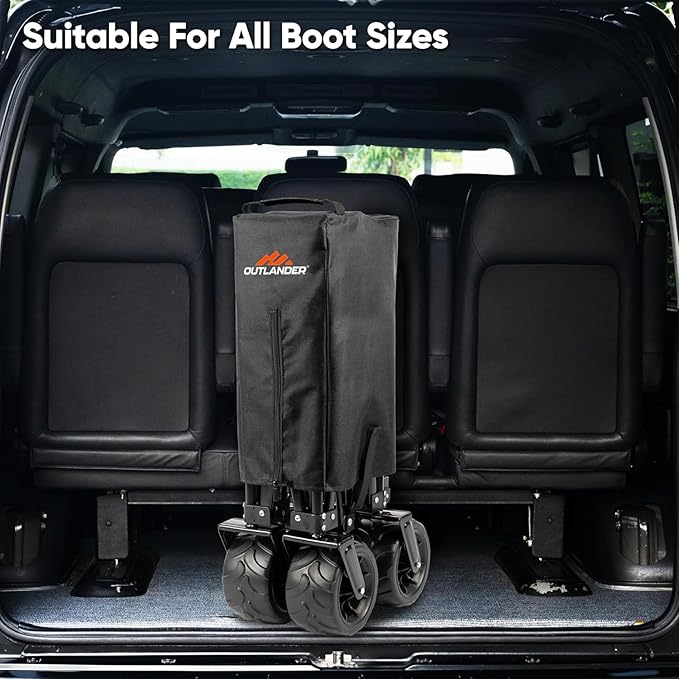 100KG Folding Wagon In Black Heavy Duty Folding Black Trolley Cart for Beach Market Festival Car Boot Outdoor Garden Picnic *Wide Wheels* Adjustable Handle