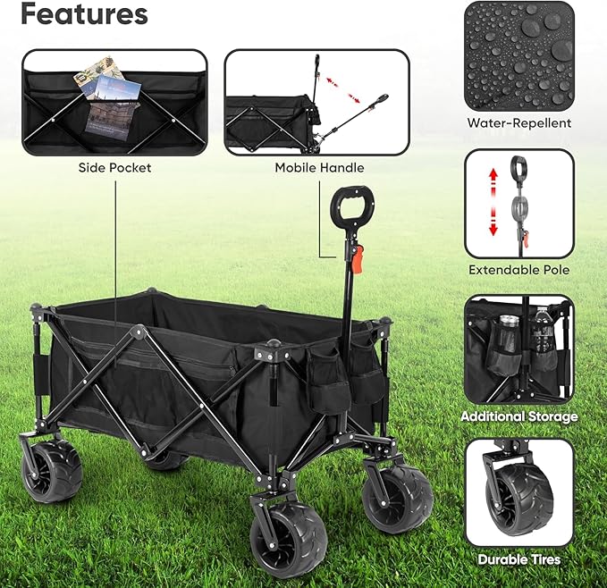 100KG Folding Wagon In Black Heavy Duty Folding Black Trolley Cart for Beach Market Festival Car Boot Outdoor Garden Picnic *Wide Wheels* Adjustable Handle