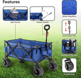 100KG Folding Wagon In Blue Heavy Duty Folding Black Trolley Cart for Beach Market Festival Car Boot Outdoor Garden Picnic *Wide Wheels* Adjustable Handle