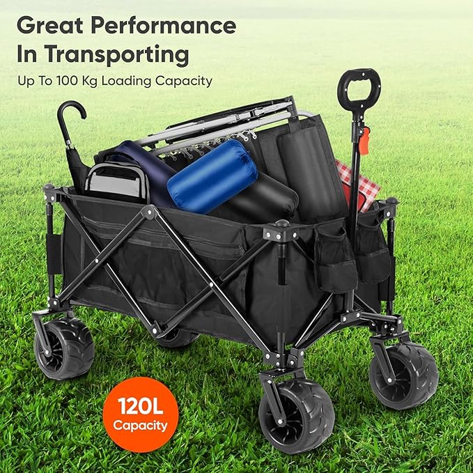 100KG Folding Wagon In Black Heavy Duty Folding Black Trolley Cart for Beach Market Festival Car Boot Outdoor Garden Picnic *Wide Wheels* Adjustable Handle