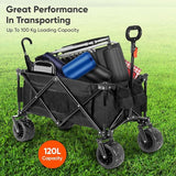 100KG Folding Wagon In Black Heavy Duty Folding Black Trolley Cart for Beach Market Festival Car Boot Outdoor Garden Picnic *Wide Wheels* Adjustable Handle