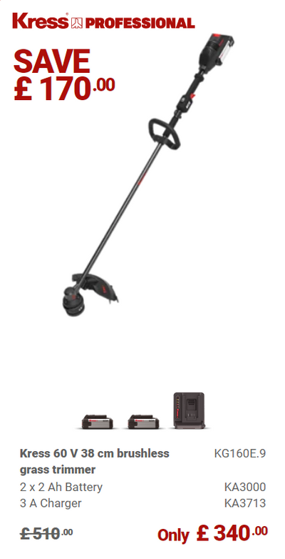 Kress Special Bundle! KG160E Kress 60 V 38 cm Grass Trimmer - with 2 x 2.Ah Batteries and 1x 3 A Charger