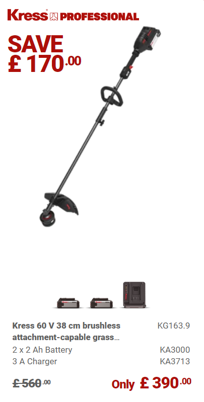 Kress Special Bundle! KG163 Kress 60V 38cm Brushless Attachment-Capable Grass Trimmer - with 2 x 2.Ah Batteries and 1x 3 A Dual Port