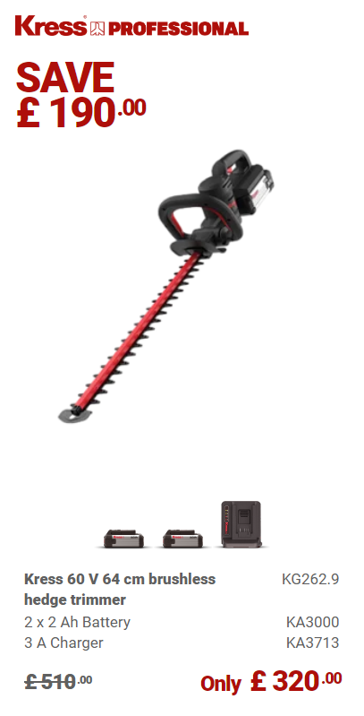 Kress Special Bundle! KG262 Kress 60 V 64cm Brushless Hedge Trimmer - with 2 x 2.0Ah Batteries & 1 x 3 A Charger