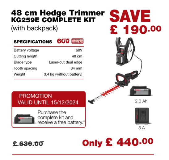 Kress Special Bundle! KG259E Kress 60 V 58cm Cordless Brushless Backpack Hedge Trimmer - with 1 x Backpack, 2 x 2.0Ah Batteries & 1 x 3 A Charger