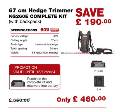 Kress Special Bundle! KG260E Kress 60V 67cm Cordless Brushless Backpack Hedge Trimmer - with 2 x 2.0Ah Batteries & 1 x 3 A Charger