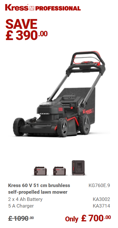 Kress Special Bundle! KG760E Kress 60 V 51cm Brushless Self-Propelled Lawn Mower - with  2 x 4.0Ah Batteries & 1 x 5 A Charger