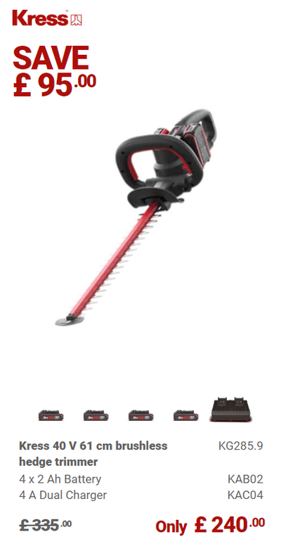 Kress Special Bundle! KG285 Kress 40 V 61cm Brushless Hedge Trimmer - with 4 x 4.0Ah Batteries & 4A Dual Port