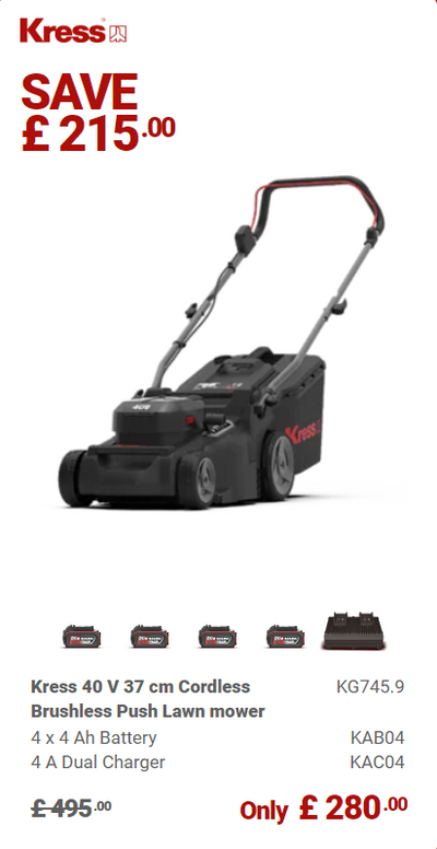 Kress Special Bundle! KG745 Kress 40 V 37cm Cordless Brushless Push Lawn mower - with 4 x 4.0Ah Batteries & 1 x 4A Dual Port Charger