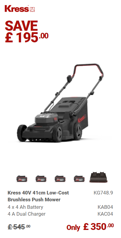 Kress Special Bundle! KG748 Kress Brushless Push Mower - with 4 x 4.0Ah Batteries & 1 x 4A Dual Port Charger