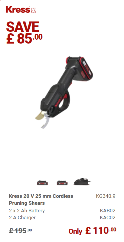 Kress Special Bundle! KG340 Kress 20 V 25 mm Cordless Pruning Shears - with 2 x 2Ah Battery and 1 x 2A Charger