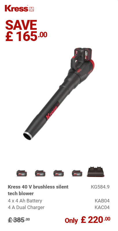 Kress Special Bundle! KG584 Kress 40 V brushless silent tech blower - with 4x 4.Ah Batteries and 1x 4 A Dual Port