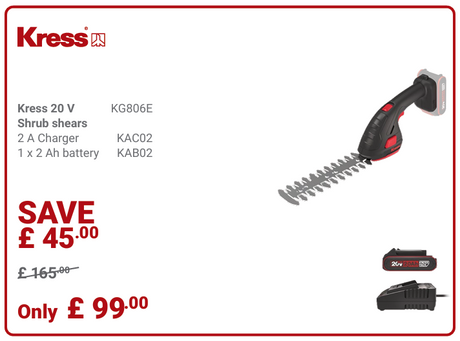 Kress Special Bundle! KG806E Kress 20 V 3-in-1 Cordless Shrub Shears - with 1 x 2Ah Battery and 1 x 2A Charger