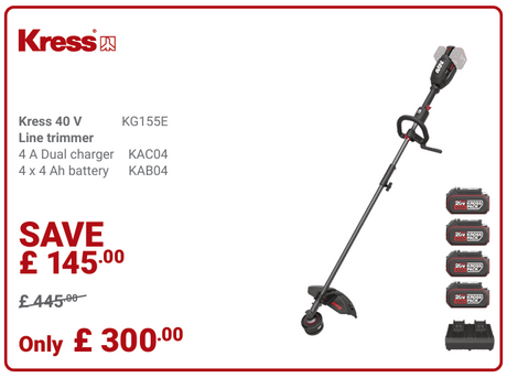 Kress Special Bundle! KG155E Kress 40 V 38 cm Cordless Brushless Attachment-Capable Grass Trimmer - with 4 x 4.Ah Batteries and 1 x 4 A Dual Port