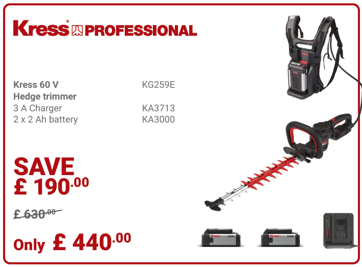 Kress Special Bundle! KG259E Kress 60V 58 cm Cordless Brushless Backpack Hedge Trimmer - with 2 x 2.0Ah Battery & 1 x 3 A Charger