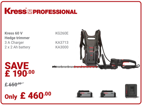 Kress Special Bundle! KG260E Kress 60V 67 cm Cordless Brushless Backpack Hedge Trimmer - with 2 x 2.0Ah Battery & 1 x 3 A Charger